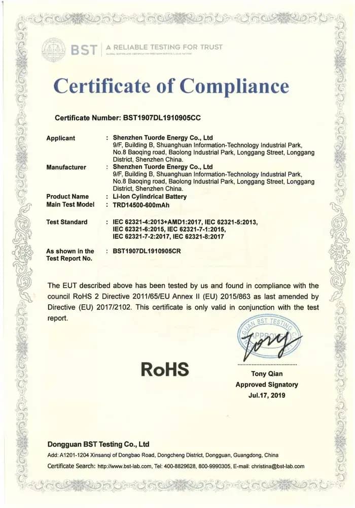 RoHS certificate RoHS certificate